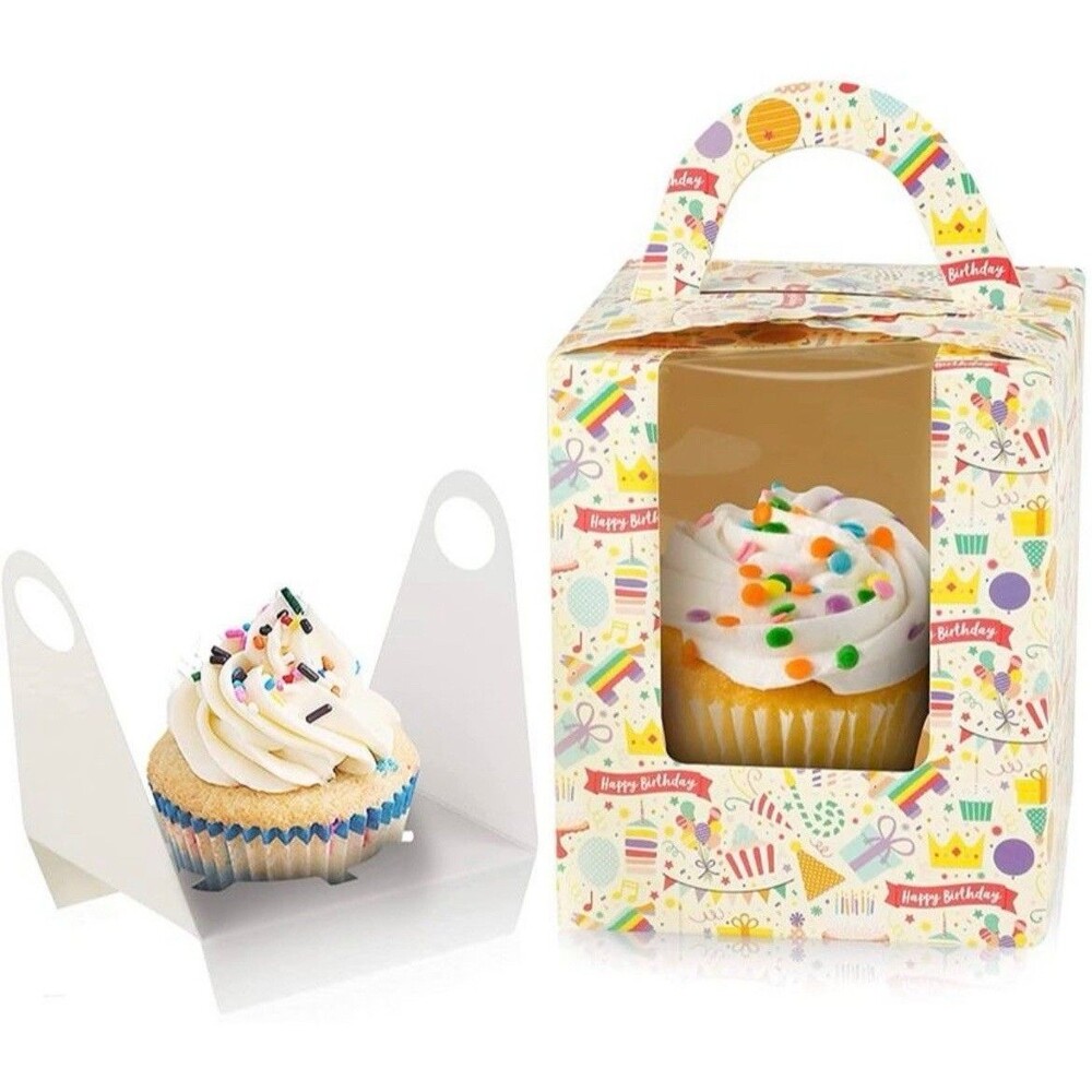 50 Single Happy Birthday Cupcake Boxes, EZSOZO Individual Cupcake Containers